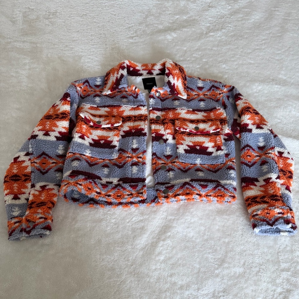 Colorful Western Print Sherpa Cropped Jacket size medium
